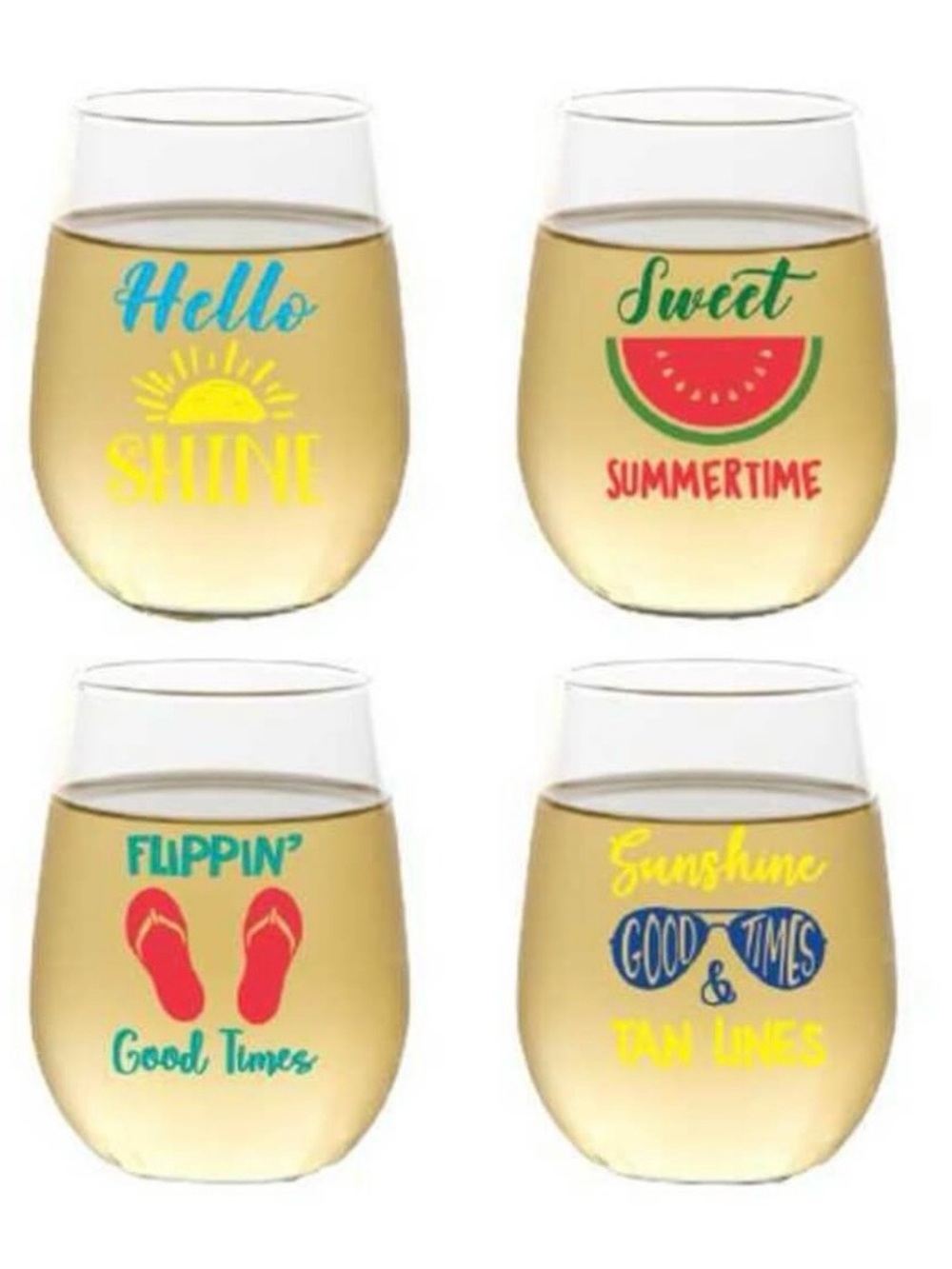 🏝️NWT Wine-Oh Summer 16-ounce Shatterproof Stemless Wine Glasses